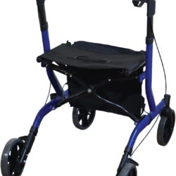 Blue folding rollator with seat and four wheels.