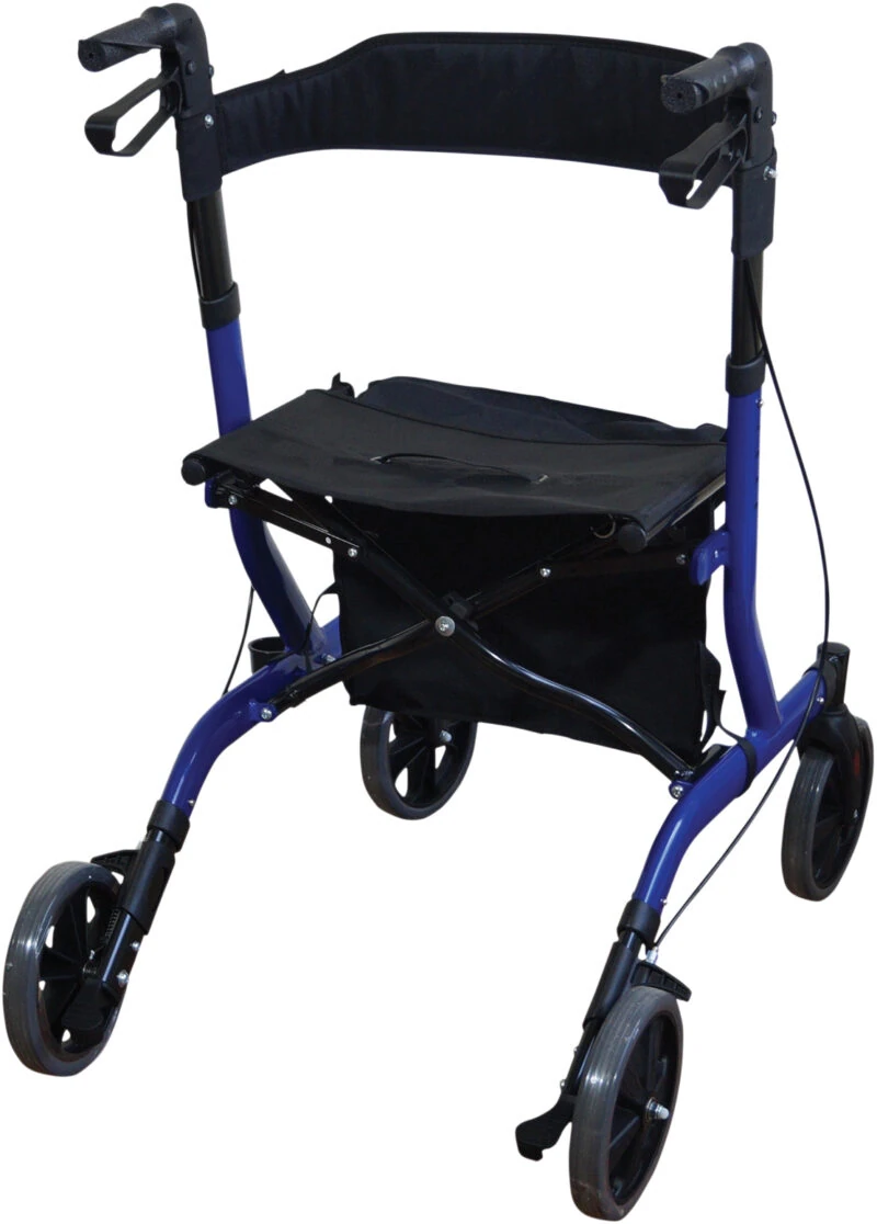 Blue folding rollator with seat and four wheels.