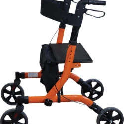 Orange rollator with seat and four wheels.