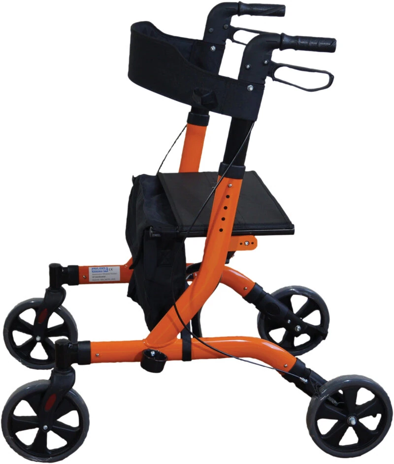 Orange rollator with seat and four wheels.
