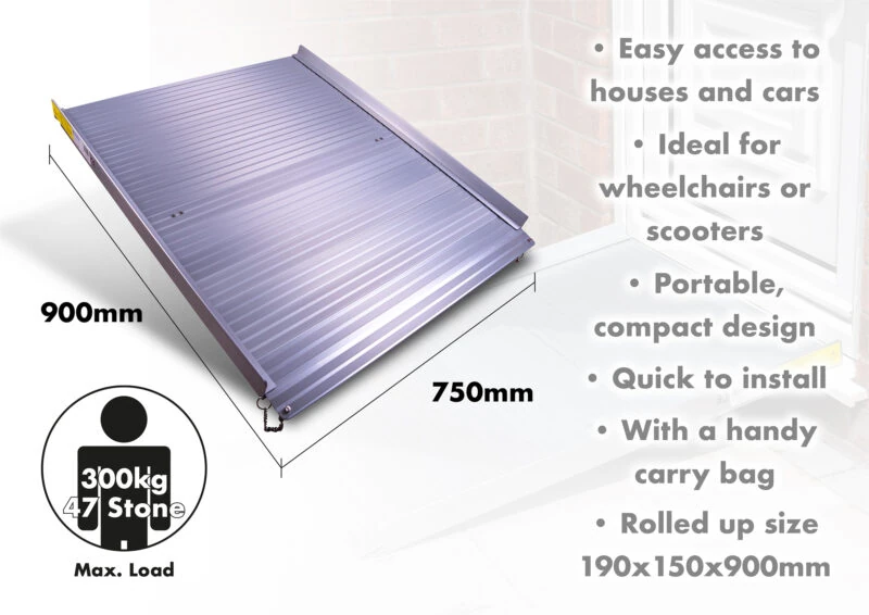 Aluminium rollable ramp with dimensions 900mm by 750mm.