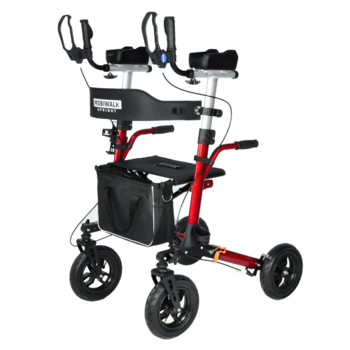 Red MobiWalk upright walker with pneumatic wheels and a black storage bag.