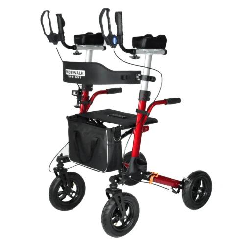 Red MobiWalk upright walker with pneumatic wheels and a black storage bag.