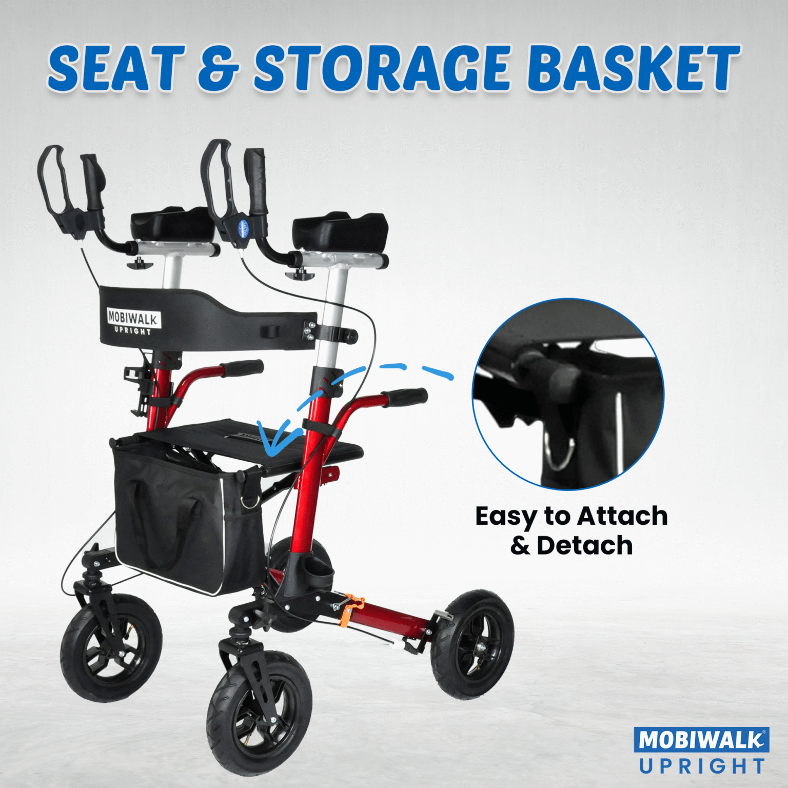 MobiWalk Upright Walker showing seat and storage basket.