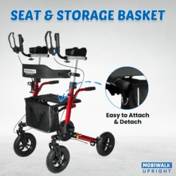 MobiWalk Upright Walker showing seat and storage basket.