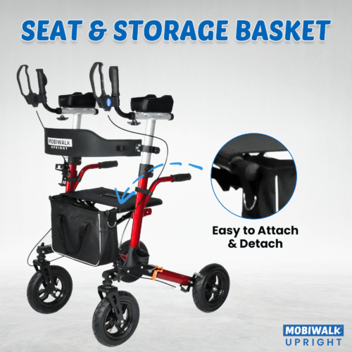 MobiWalk Upright Walker showing seat and storage basket.