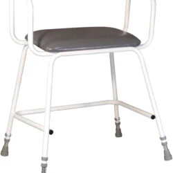 White perching stool with gray padded seat and armrests.