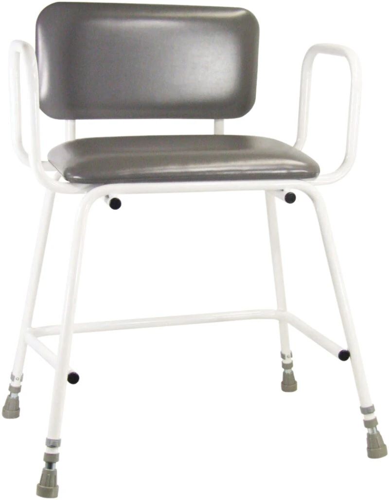 White bariatric perching stool with padded backrest and armrests.