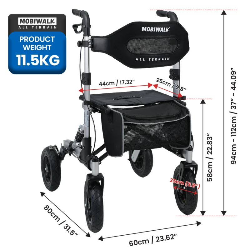 MobiWalk® All Terrain 4 Wheeled Rollator with Pneumatic Big Wheels | Outdoor Walking Aid with Pneumatic Tyres | With Seat & Adjustable Backrest | Designed for Bigger Builds - Image 5