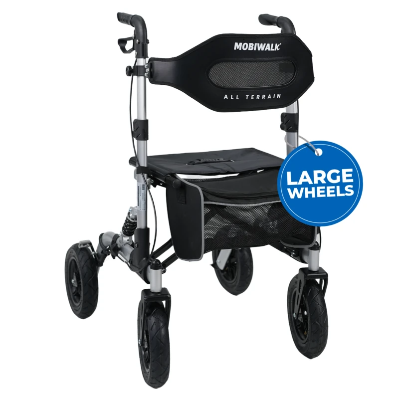 MobiWalk All Terrain Rollator with large pneumatic wheels and padded seat.