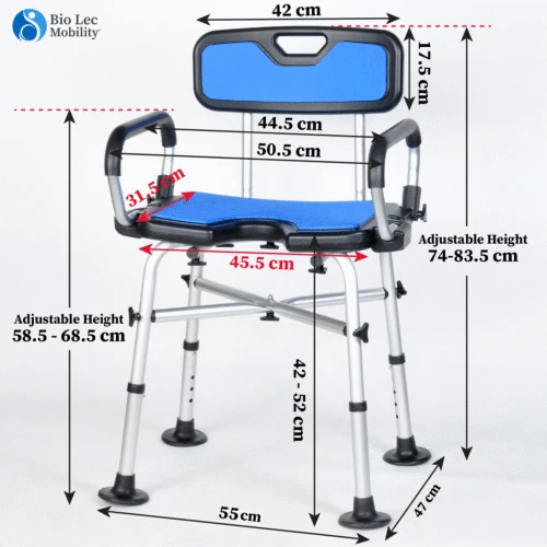 Shower chair with backrest and adjustable armrests, showing measurements.