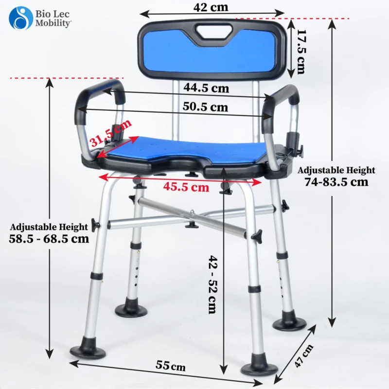 Shower chair with backrest and adjustable armrests, showing measurements.