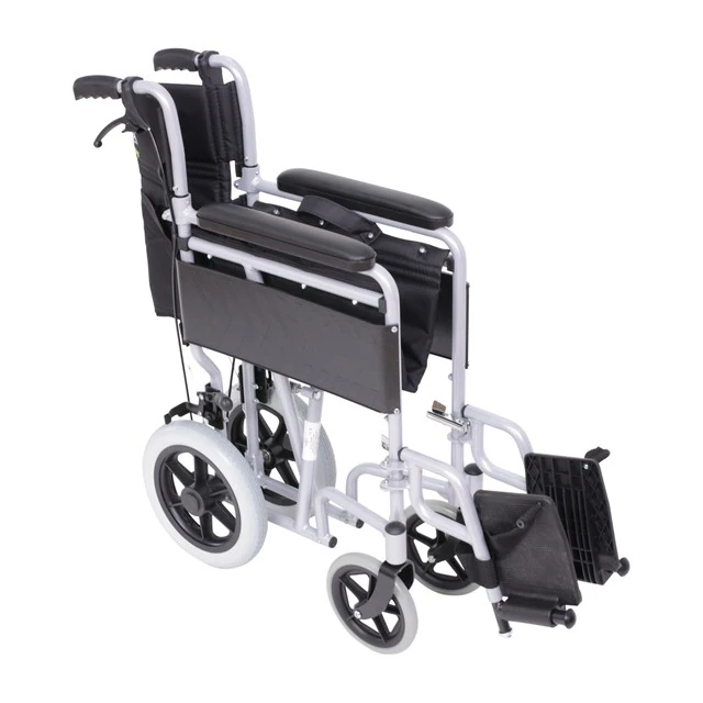 Folded lightweight transit wheelchair with swing away footrest.