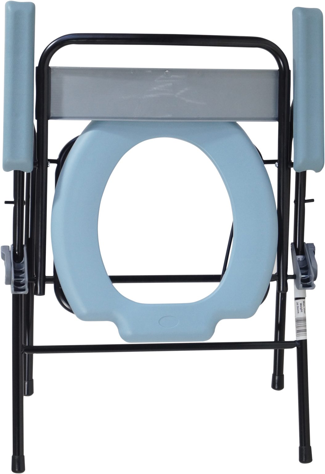 Front view of a folding commode chair with blue seat and black frame.