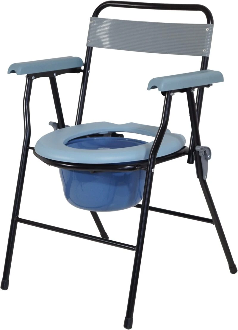 Folding commode chair with blue seat and pail.