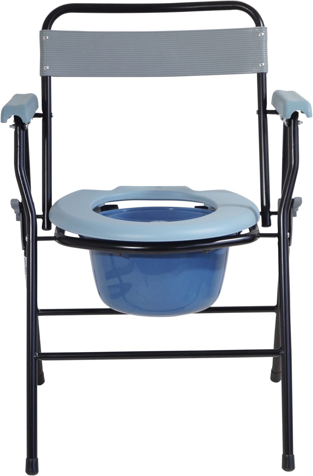 Front view of a folding commode chair with a blue seat and pail.