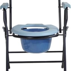 Front view of a folding commode chair with a blue seat and pail.