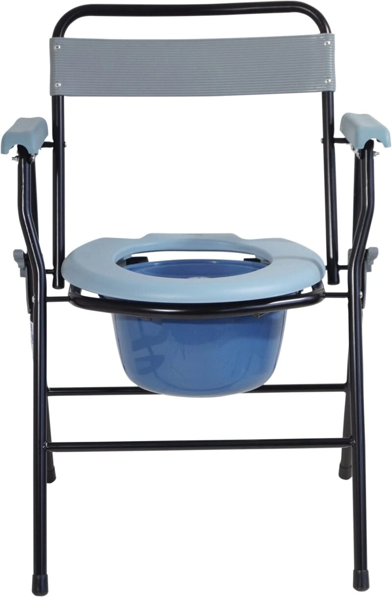 Front view of a folding commode chair with a blue seat and pail.