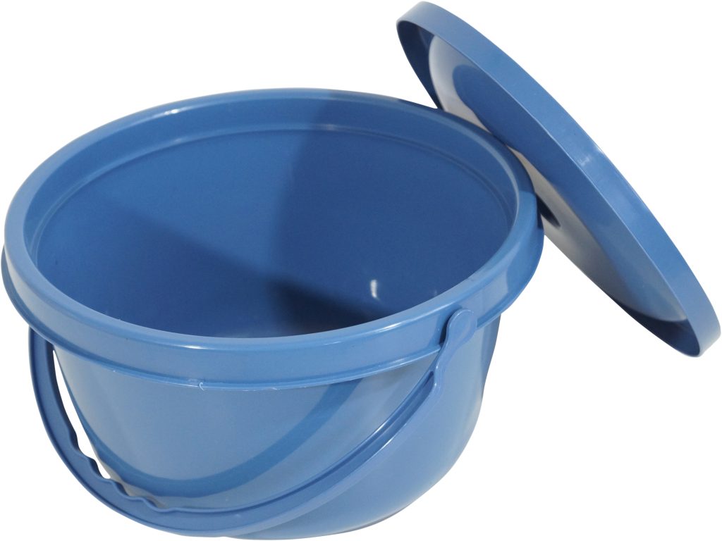 Blue commode pail with a lid, part of the Folding Commode Chair.