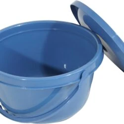 Blue commode pail with a lid, part of the Folding Commode Chair.