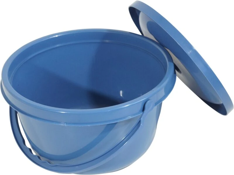 Blue commode pail with a lid, part of the Folding Commode Chair.