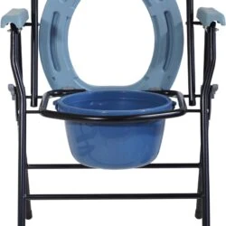 Front view of a folding commode chair with a blue seat and pail.