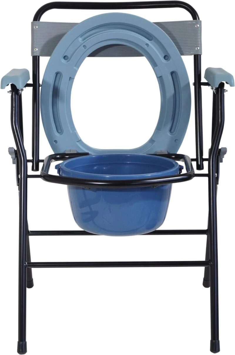 Front view of a folding commode chair with a blue seat and pail.