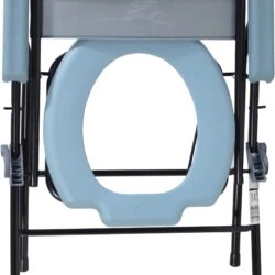 Front view of a folding commode chair with blue seat and black frame.
