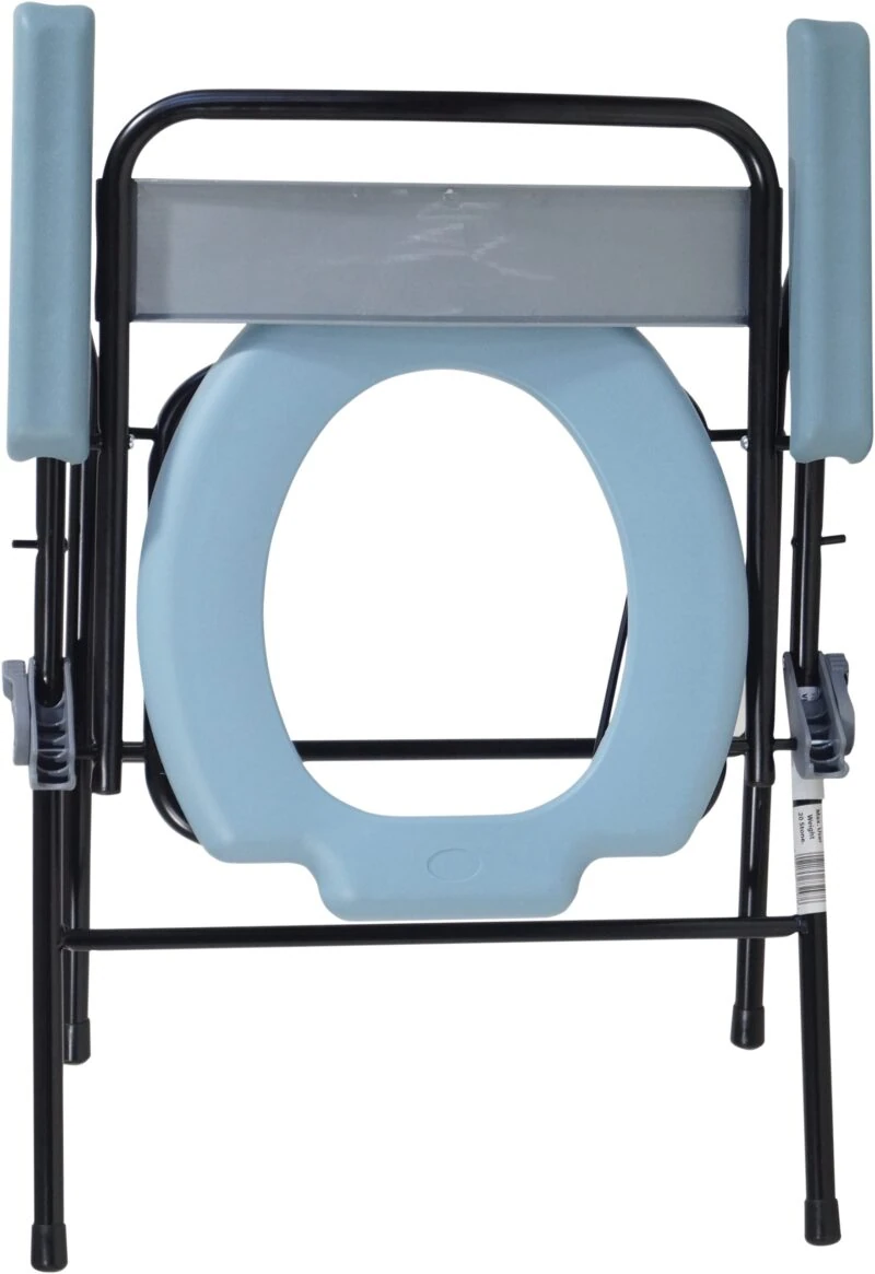 Front view of a folding commode chair with blue seat and black frame.