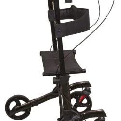 Side view of a black forearm 4 wheeled rollator with adjustable handles.