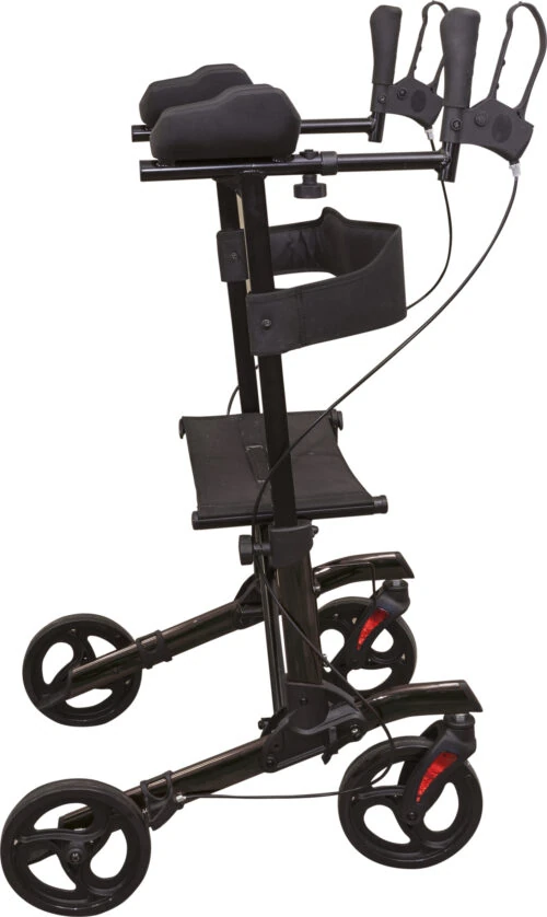 Side view of a black forearm 4 wheeled rollator with adjustable handles.