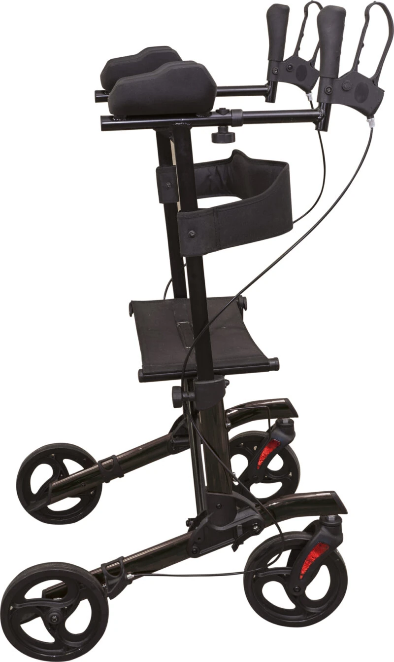 Side view of a black forearm 4 wheeled rollator with adjustable handles.