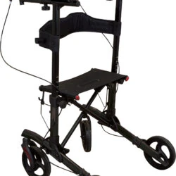 Black forearm 4 wheeled rollator with seat and adjustable handles.