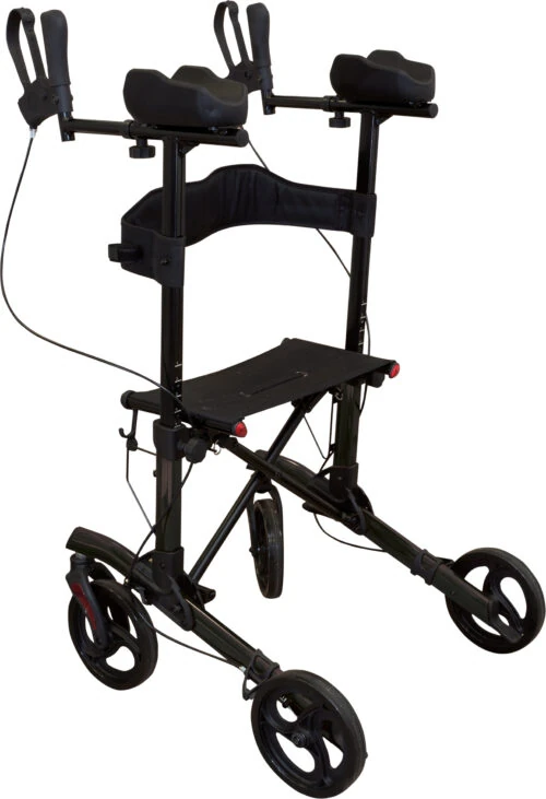 Black forearm 4 wheeled rollator with seat and adjustable handles.