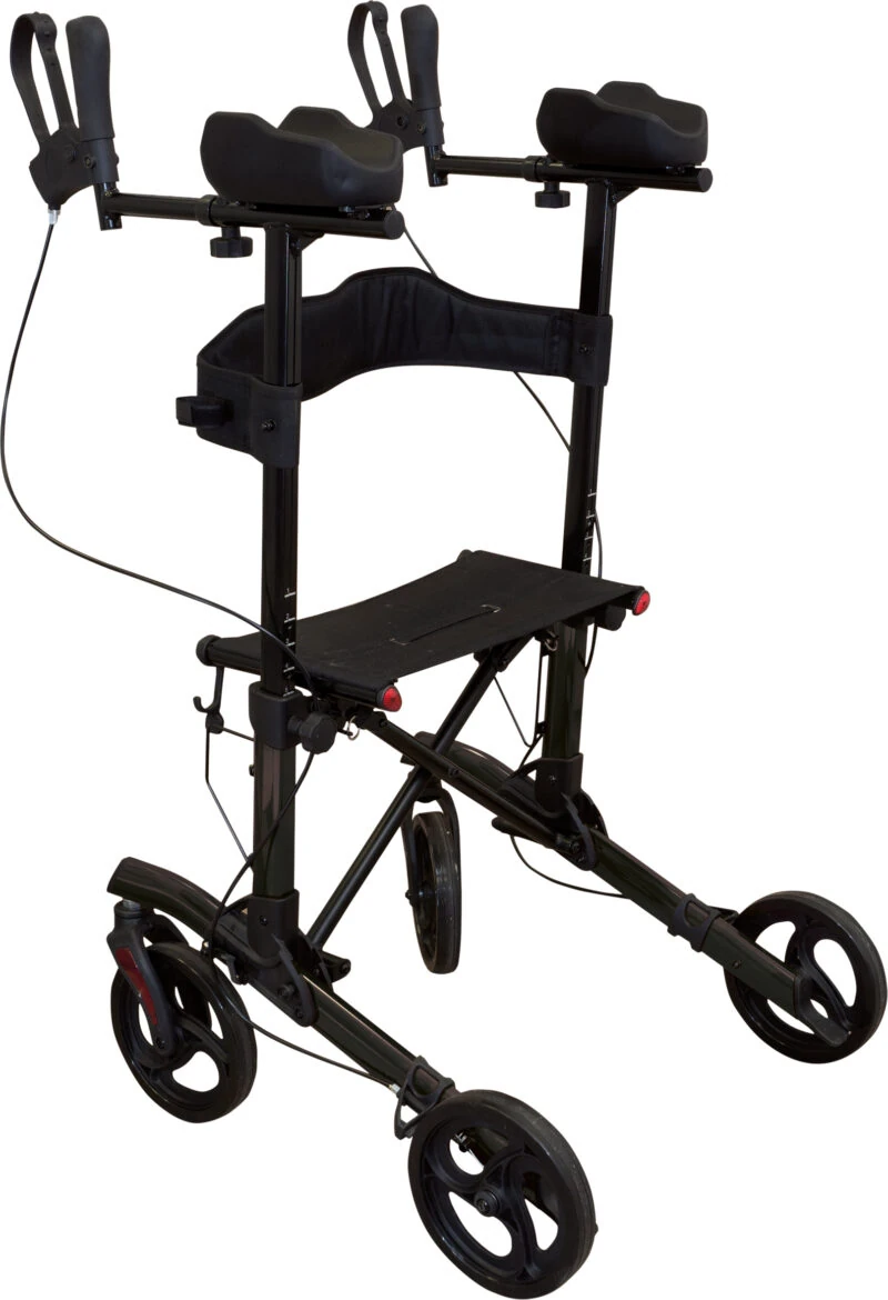Black forearm 4 wheeled rollator with seat and adjustable handles.