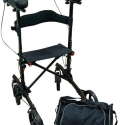 Black forearm rollator with four wheels and detachable bag.