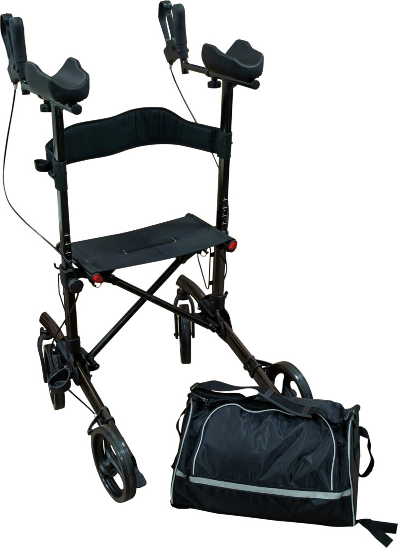 Black forearm rollator with four wheels and detachable bag.