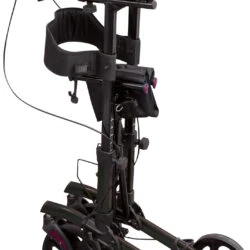 Folded black rollator with four wheels and padded forearm supports.