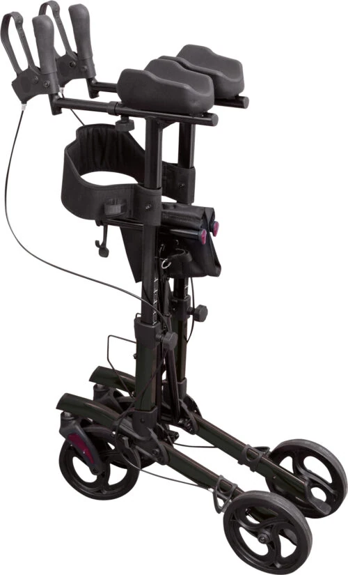Folded black rollator with four wheels and padded forearm supports.