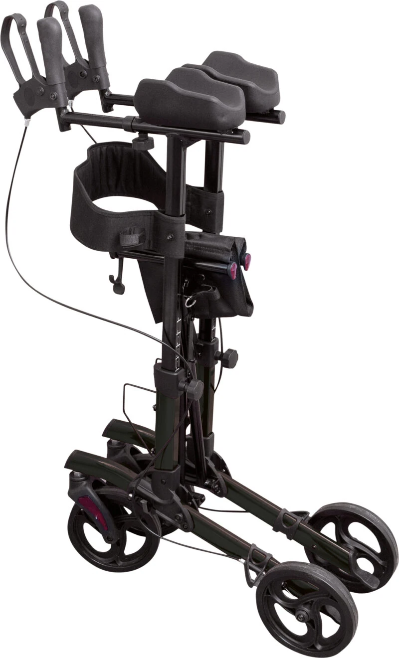 Folded black rollator with four wheels and padded forearm supports.