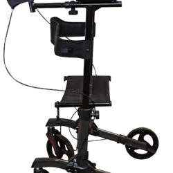 Side view of a black forearm 4 wheeled rollator with seat and handles.