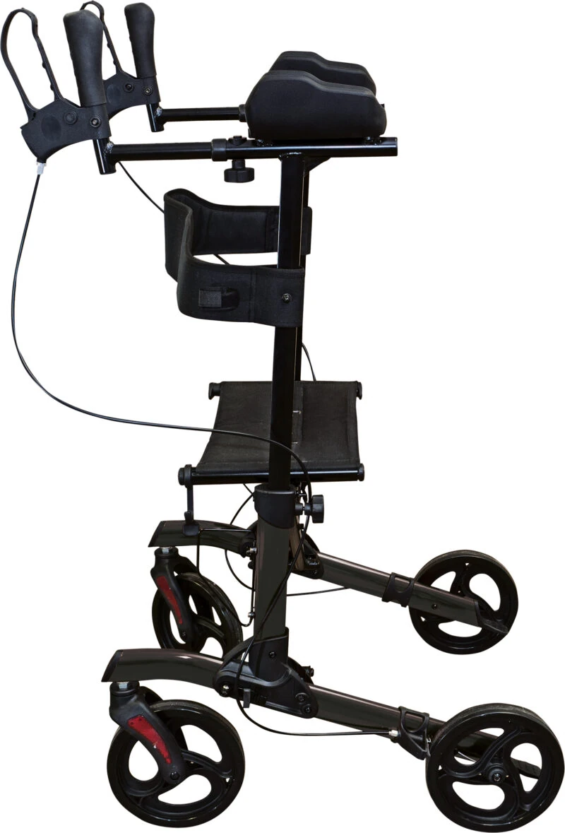 Side view of a black forearm 4 wheeled rollator with seat and handles.