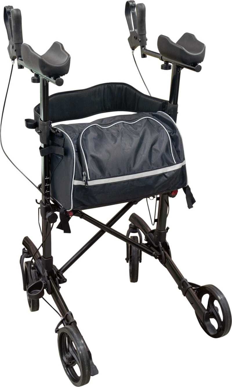 Forearm 4 wheeled rollator with a detachable shopping bag and adjustable handles.
