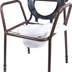 Brown metal commode chair with padded back and white pail.