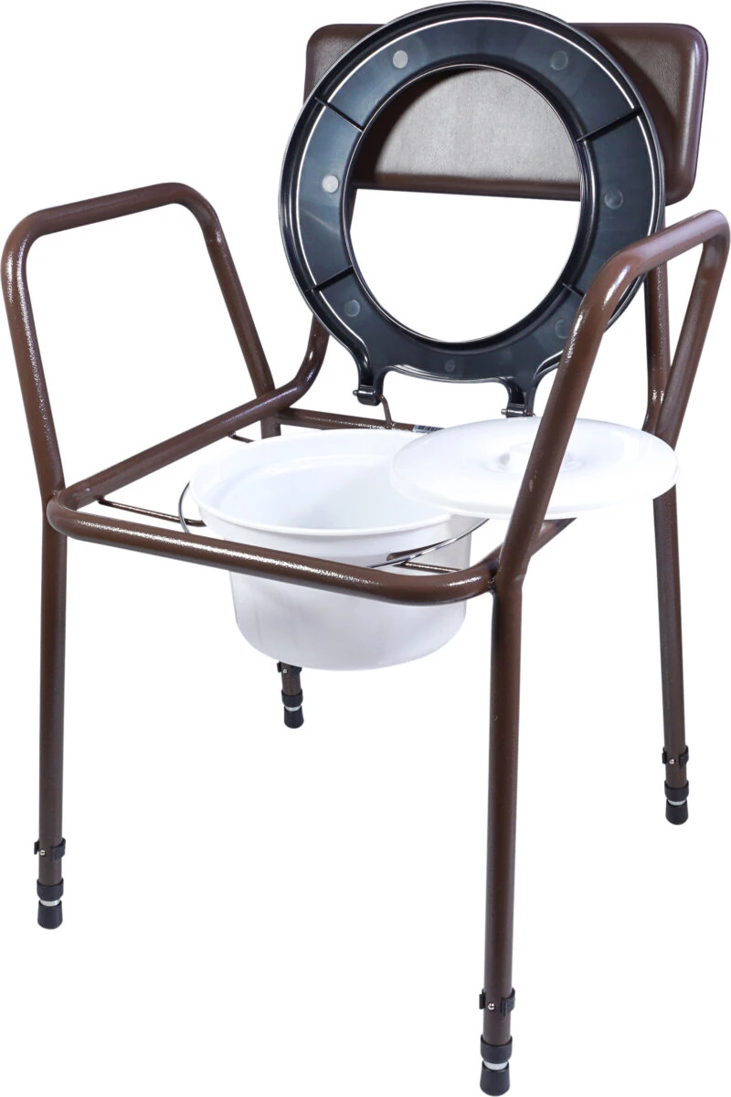 Brown metal commode chair with padded back and white pail.
