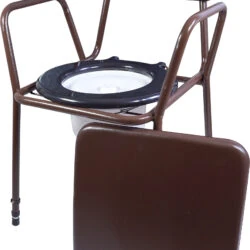Brown commode chair with padded back and removable seat.