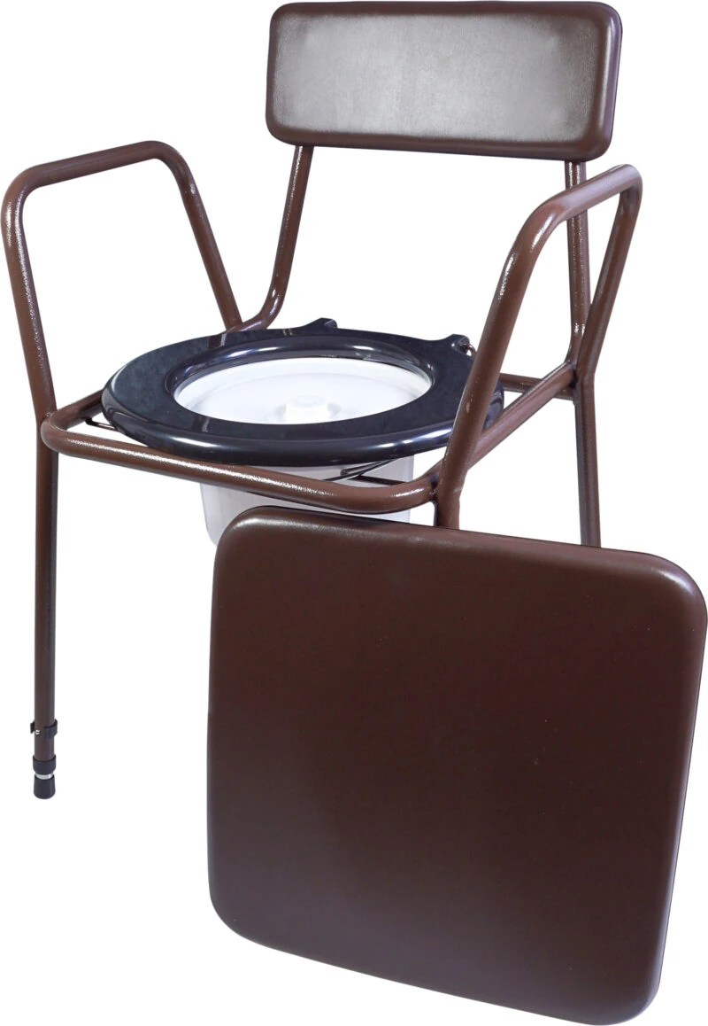 Brown commode chair with padded back and removable seat.