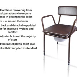 Height adjustable commode chair with padded back and seat.