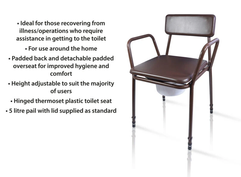 Height adjustable commode chair with padded back and seat.