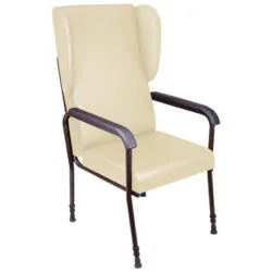 Cream high back armchair with dark armrests and legs.